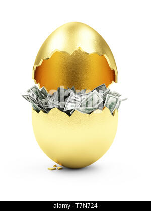 Business, Financial, Success or Wealth and Riches Concept. Broken Big Golden Egg with Heap of Dollar Bills Inside isolated on white background Stock Photo