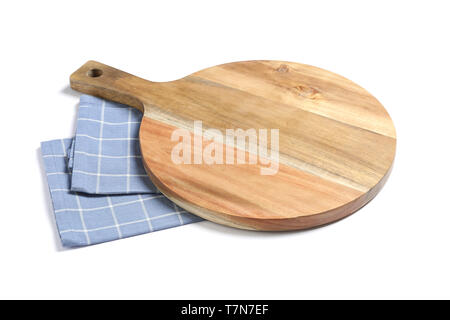 Cutting board with kitchen towel isolated on white background Stock Photo
