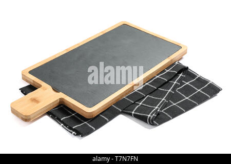 Cutting board with kitchen towel isolated on white background Stock Photo