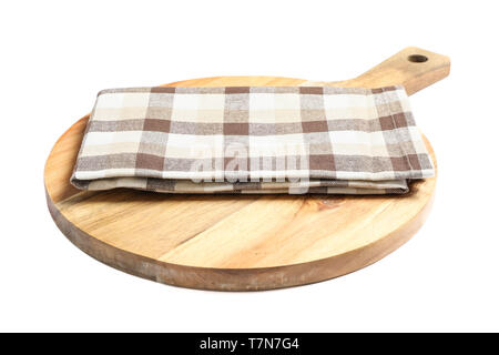Cutting board with kitchen towel isolated on white background Stock Photo