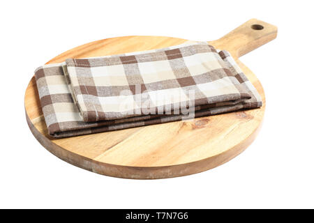 Cutting board with kitchen towel isolated on white background Stock Photo