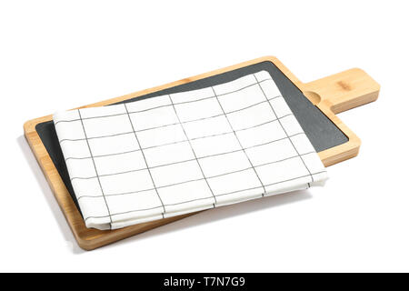 Cutting board with kitchen towel isolated on white background Stock Photo