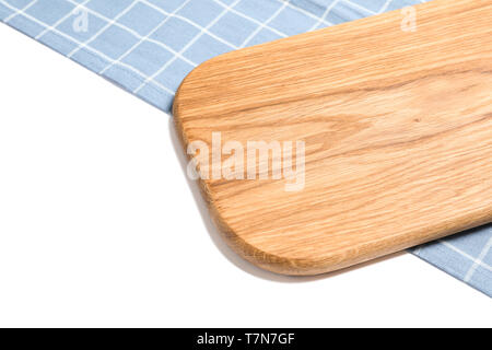Cutting board with kitchen towel isolated on white background Stock Photo