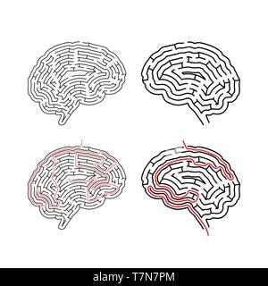 Two complicated mazes in brain shape, labyrinths with red path solutions isolated on white Stock Vector