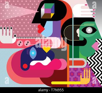 Three people look in different directions abstract art vector illustration. Stock Vector