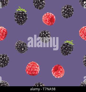 Blackberries and raspberries seamless pattern. 3d realistic vector berries. Stock Vector