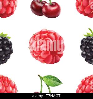 Blackberry cherry and raspberry seamless pattern. 3d realistic vector berries. Stock Vector