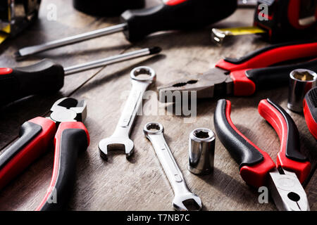 Building tools repair set on wooden background Stock Photo