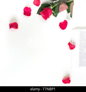 Baselland, Switzerland - 30.04.2019. Red rose, red petals and a Bible on a white table. Clean white background. Stock Photo