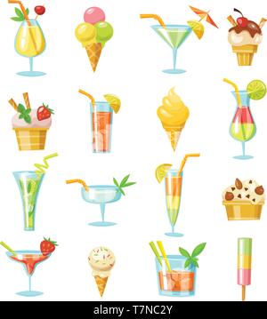 Vector set  of cocktails and ice cream icons. Summer drink and food infographic elements.  Stock Vector