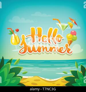 Hello summer vector poster with ocean beach and cocktails  Stock Vector