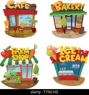 Set of four vector buildings of cafe, bakery, farm shop and Ice cream shop Stock Vector