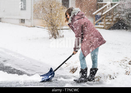 Young woman in winter coat cleaning shoveling driveway street from snow in heavy snowing snowstorm holding shovel by residential house Stock Photo