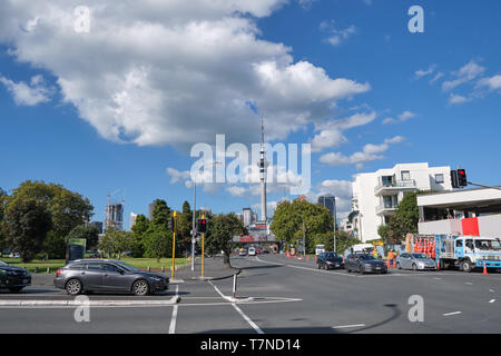 Sunny day in Auckland. View on Viktoria Park and Sky Tower. Stock Photo