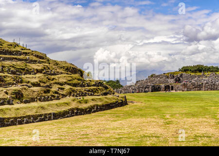 Panoramic view at the Inca ruins of Sacsayhuaman  and houses in Cusco at the background. Stock Photo