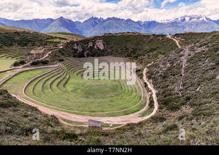 Landscape at Moray, or Muray in Quechua, the Inca agricultural fields archeological site located on a high plateau west of the village of Maras, north Stock Photo