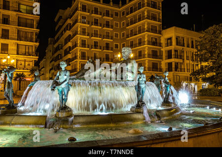 Turia Fountain on Square of the Virgin Saint Mary, Valencia, Spain. Stock Photo