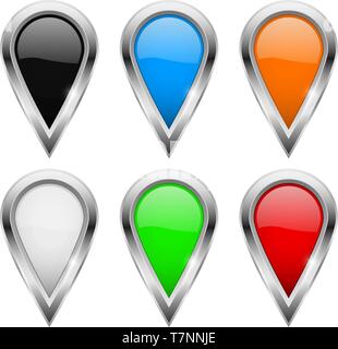 Location pins. Colored icons with metal frame Stock Vector