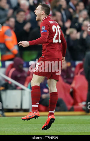 Liverpool's Andy Robertson celebrates  7th Mayl 2019 , Anfield Stadium, Liverpool, England;  UEFA Champions League Semi Final, Second Leg, Liverpool FC vs FC Barcelona   Credit: Terry Donnelly/News Images Stock Photo