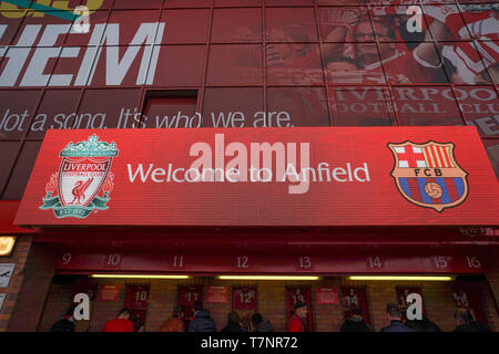 Welcome to Anfield sign   7th Mayl 2019 , Anfield Stadium, Liverpool, England;  UEFA Champions League Semi Final, Second Leg, Liverpool FC vs FC Barcelona   Credit: Terry Donnelly/News Images Stock Photo