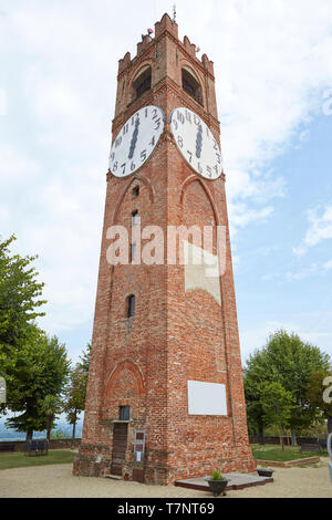 MONDOVI, ITALY - AUGUST 18, 2016: Belvedere ancient clock tower and garden in a summer day in Mondovi, Italy. Stock Photo