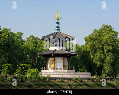 LONDON, UK - JULY 04, 2018:  Exterior view of the London Peace Pagoda in Battersea Park seen from the River Thames Stock Photo