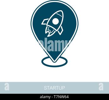 Start up pin map icon. Startup business rocket sign. Map pointer. Map markers. Vector design of blockchain technology, bitcoin, altcoins, cryptocurren Stock Vector