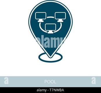 Bitcoin mining pool pin map icon with peer-to-peer computer network. Map pointer. Vector design of blockchain technology, bitcoin, altcoins, cryptocur Stock Vector