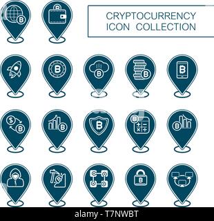 Cryptocurrency and blockchain pin map icons. Map pointer. Map markers. Vector design of blockchain technology, bitcoin, altcoins, cryptocurrency minin Stock Vector