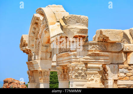 Temple of hadrian old ruins close-up details view in Ephesus, Efes, Turkey Stock Photo