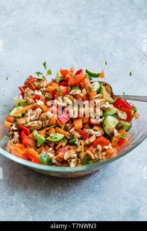Homemade Walnut Salad in Big Glass Bowl. Organic Fresh Food. Stock Photo