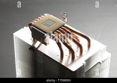 CPU cooler heatsink with processor and heatpipes Stock Photo
