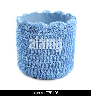 Knitted basket on white background Stock Photo