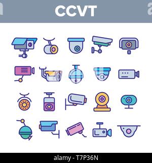 Surveillance Cameras, CCTV Linear Icons Vector Set. Security System, CCTV Thin Line Illustrations Collection. Home Safety Equipment. Wall, Ceiling Sur Stock Vector