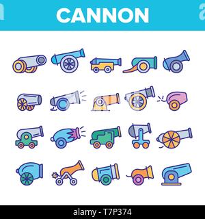 Old Cannons, Artillery Linear Icons Vector Set. Historic Weapon, War Cannons, Guns Thin Line Illustrations Pack. Ancient, Antique Firearm. Battlefield Stock Vector