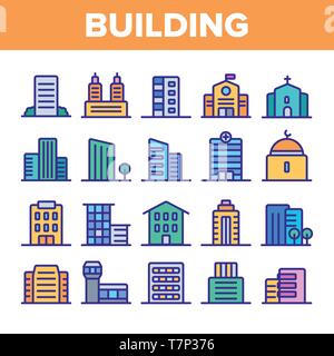 City, Town Buildings Linear Icons Vector Set. High Rise, Multi Storey Buildings, Skyscraper Facades Thin Line Illustrations Pack. Office Centers, Apar Stock Vector