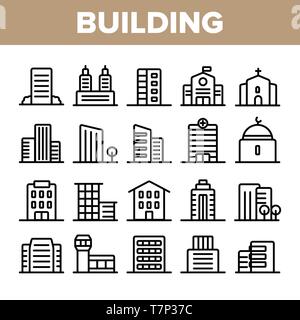 City, Town Buildings Linear Icons Vector Set. High Rise, Multi Storey Buildings, Skyscraper Facades Thin Line Illustrations Pack. Office Centers, Apar Stock Vector