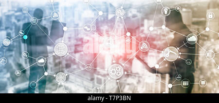 Technology industrial business process workflow organisation structure on virtual screen. IOT smart industry concept mixed media diagram Stock Photo