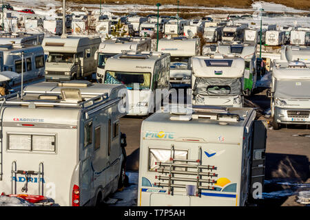 Caravans park, Super Besse ski resort, Regional Nature Park of Volcans d'Auvergne, Puy de Dome department, Auvergne, France Stock Photo