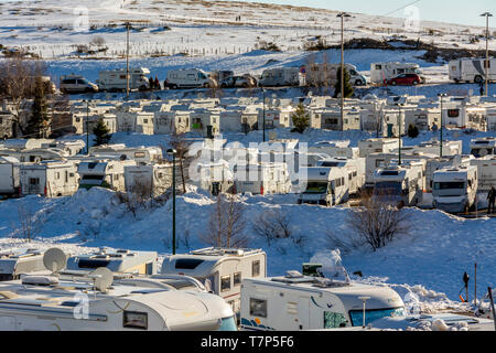 Caravans park, Super Besse ski resort, Regional Nature Park of Volcans d'Auvergne, Puy de Dome department, Auvergne, France Stock Photo