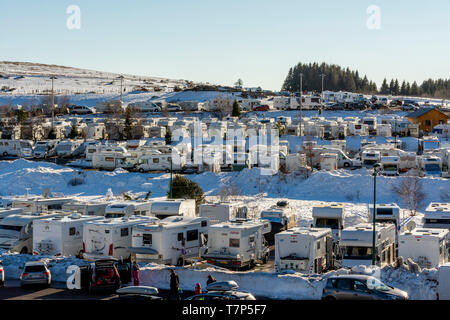 Caravans park, Super Besse ski resort, Regional Nature Park of Volcans d'Auvergne, Puy de Dome department, Auvergne, France Stock Photo