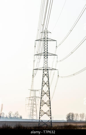 Low angle view of transmission towers surrounded by trees under the sunlight at daytime. Auvergne Rhone Alpes. France Stock Photo