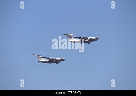 Moscow, Russia - May 2019: Russian transportation aircrafts Il-76 Candid in the sky at Parade of Victory on Red Square Stock Photo