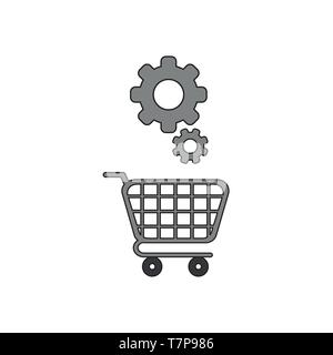Vector icon concept of grey gears over shopping cart. Stock Vector