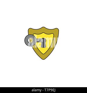 Vector icon concept of keyhole inside shield guard and key unlock or lock. Stock Vector