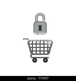 Vector icon concept of grey opened padlock over shopping cart. Stock Vector