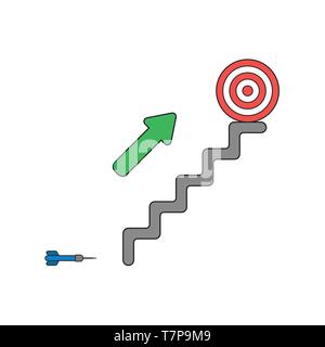 Vector icon concept of blue dart, green arrow showing bulls eye target at top of stairs. Stock Vector