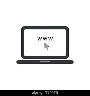 Vector icon concept of www word inside laptop computer with mouse cursor arrow. Stock Vector