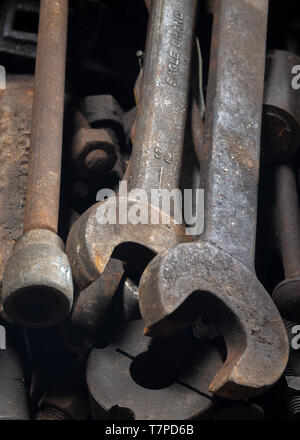 Metal wrenches on a bench in a train engineers workshop, the Mining Museum, Lake District, UK Stock Photo