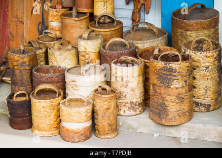 Ancient ancient birch baskets. Products from birch bark Stock Photo